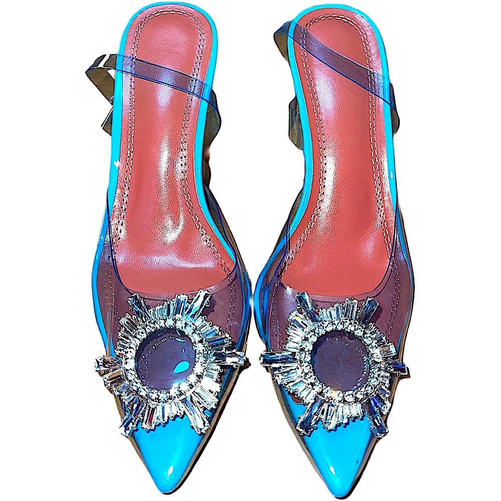 Blue Vinyl See Through Pointed Toe Crystal Heels NBW